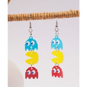 Fun Retro PACMAN Dangling Earrings Blue Yellow Red 2.75"